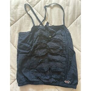 Vintage Hollister Racer Tank Ruffle Lace Trim Navy Y2K BellaSwan Buttons Sz S